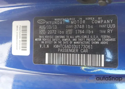 2013 Hyundai Veloster Base W/Black from USA, damaged, VIN KMHTC6AD1DU173061